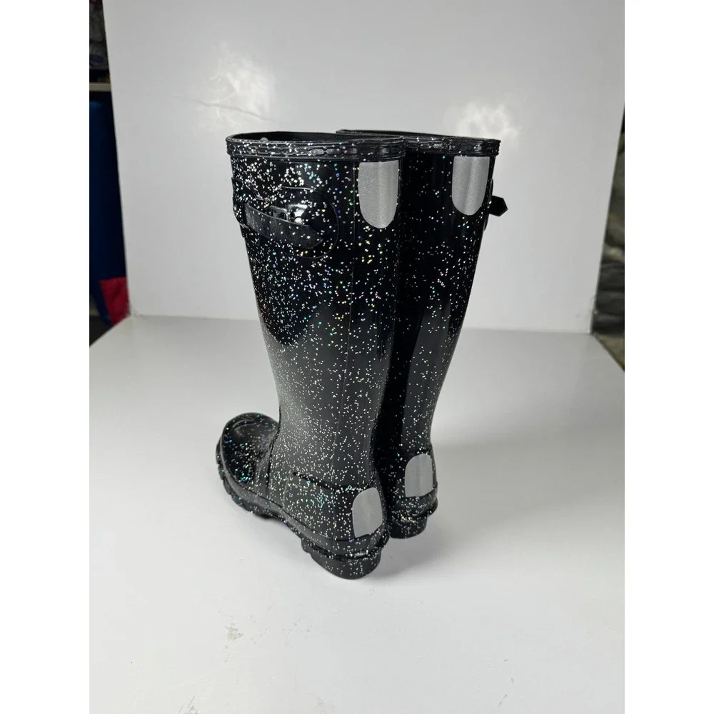 Hunter Girls US 4B Black Giant Glitter Round Toe Pull On Mid Calf Rain Boots